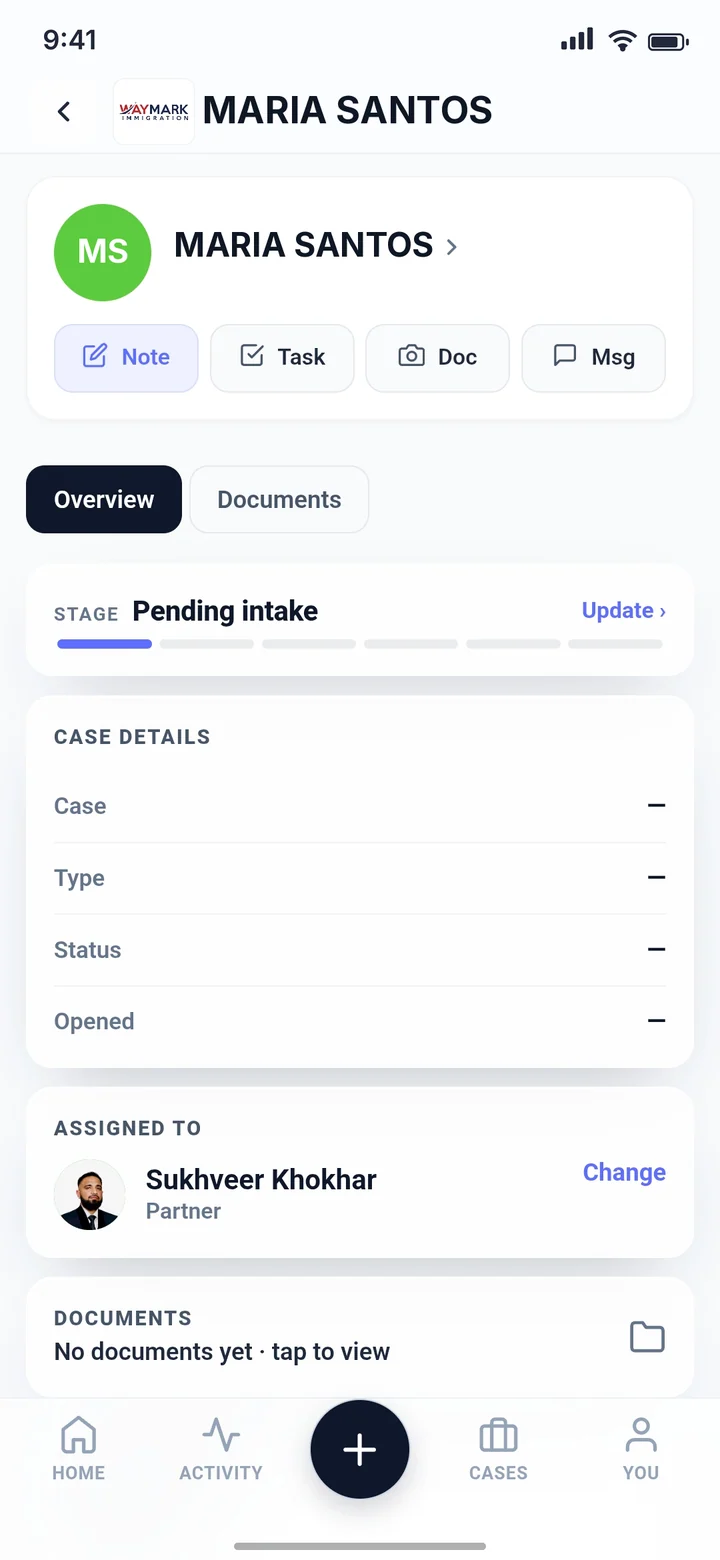 A case file in Aurora with notes, tasks, documents and messages
