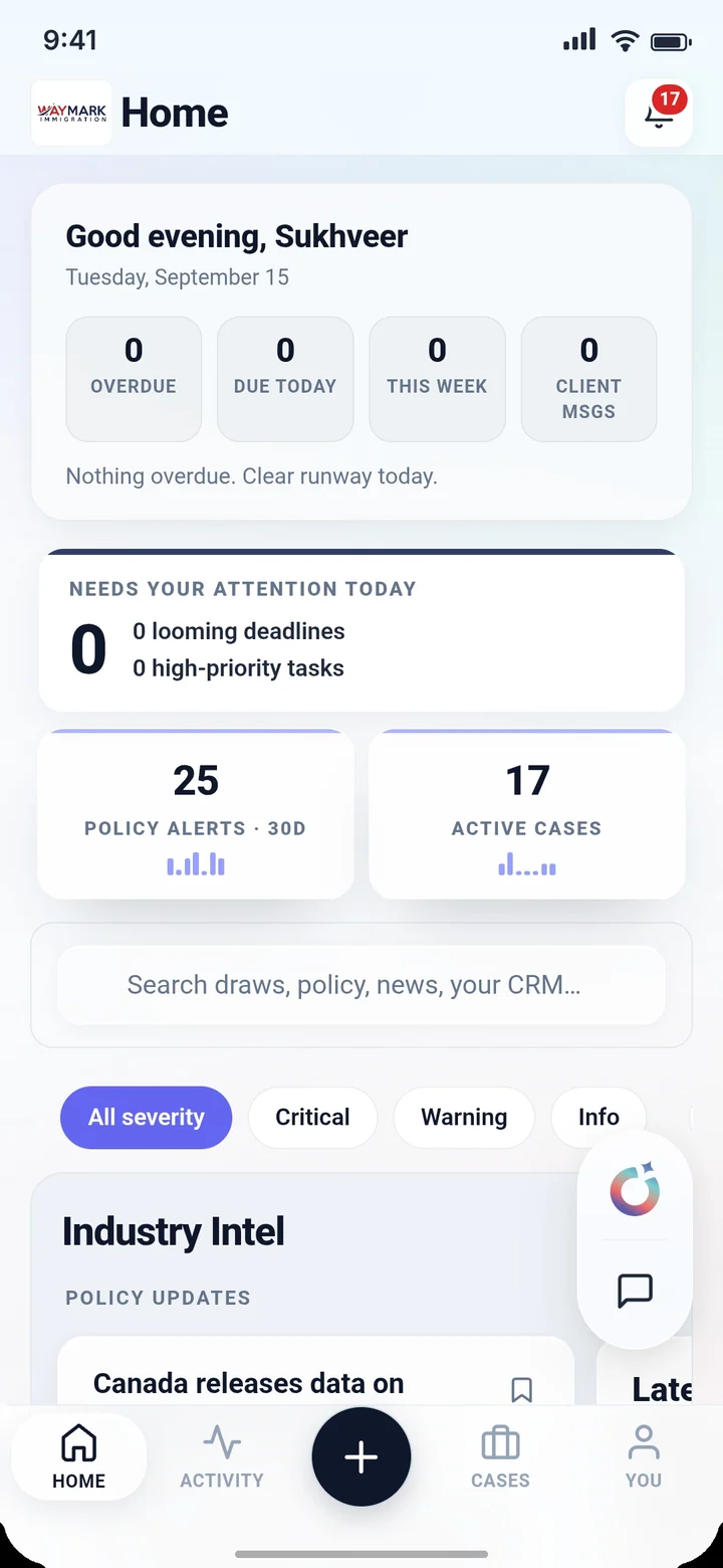 Aurora home screen with today's overview, policy alerts and active cases