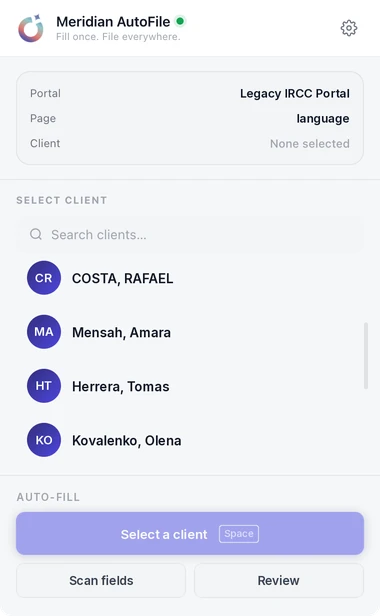 Meridian AutoFile connected to an IRCC portal, with demo clients ready to fill