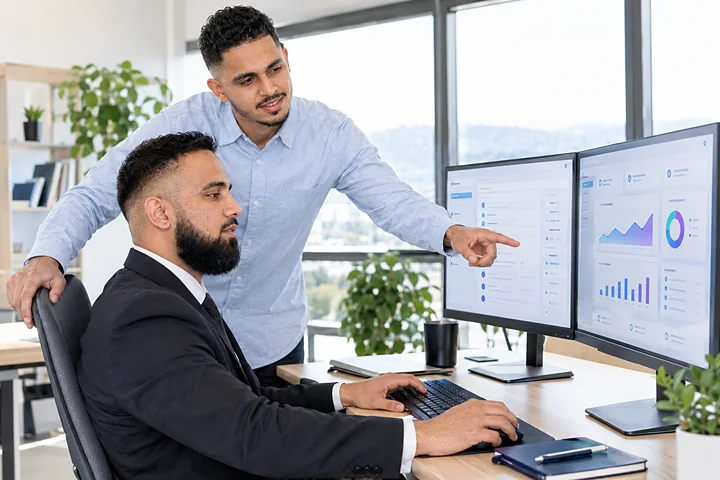 Arshdeep points at a dashboard while Sukhveer works at two monitors