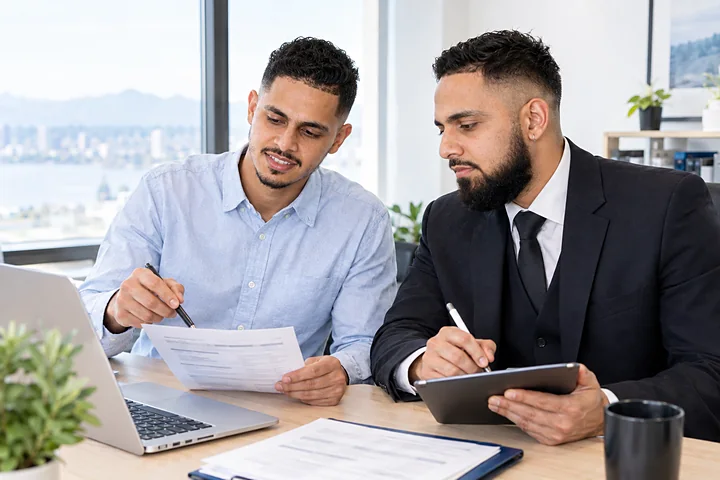 Arshdeep and Sukhveer checking a form on paper and on a tablet