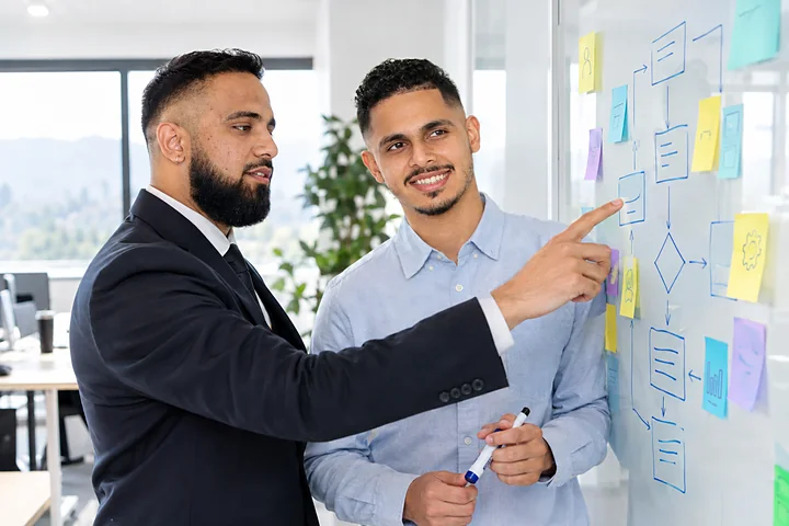 Sukhveer and Arshdeep planning a workflow at a whiteboard