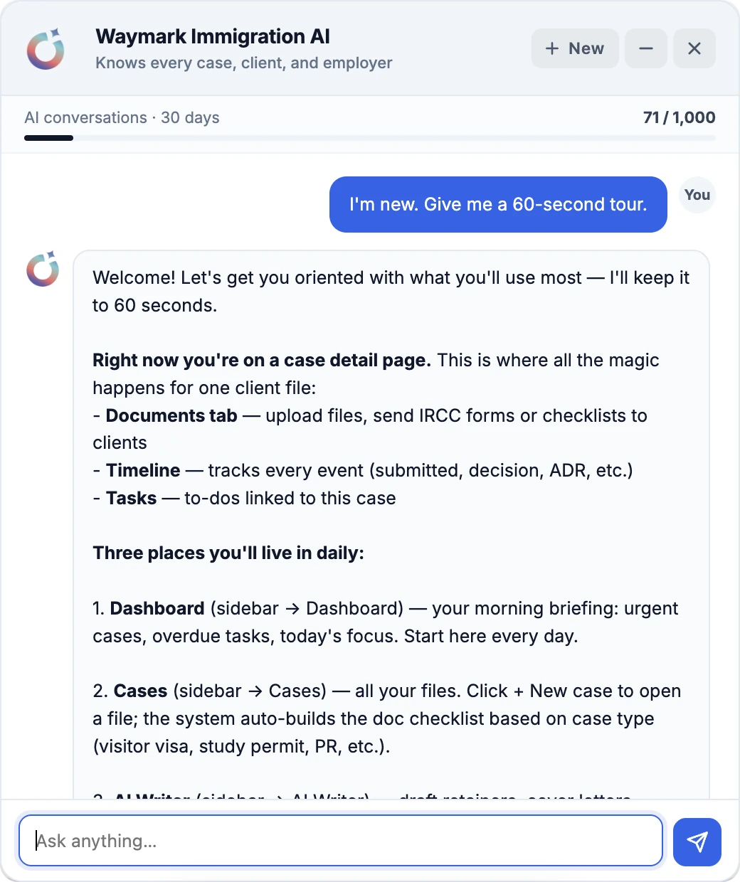 Waymark Immigration AI giving a new team member a quick tour of the case page